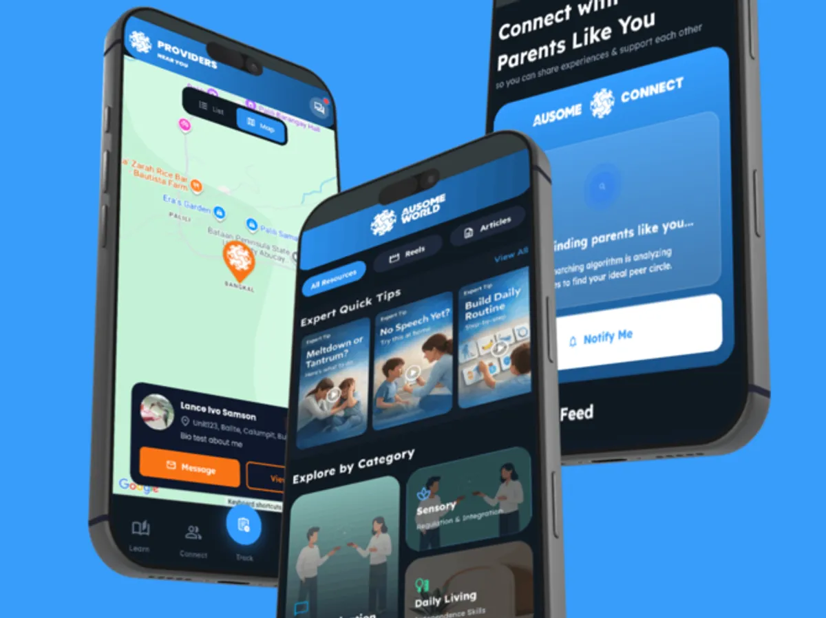 Three phone mockups of AusomeWorld showing a map of nearby providers, expert tips and resource categories, and the Ausome Connect screen for finding other parents.