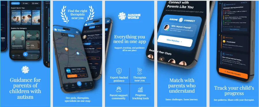 Five app store screenshots of AusomeWorld: guidance for parents of children with autism, finding therapists on a map, an overview of features, matching with other parents, and tracking a child's progress.