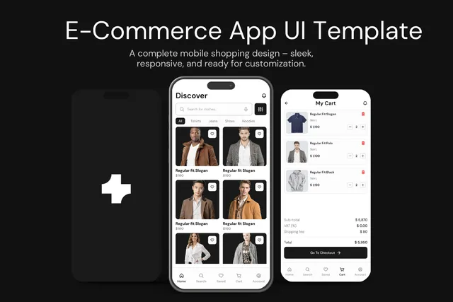 E-Commerce App UI Template preview with three phone mockups on a dark background, showing a splash screen, a Discover screen with a clothing product grid, and a My Cart screen with order totals and a checkout button.
