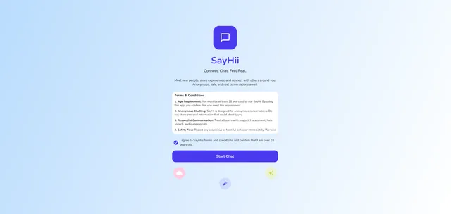SayHii welcome screen with the tagline "Connect. Chat. Feel Real.", the terms and conditions, an age confirmation checkbox, and a Start Chat button.
