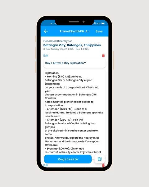 AI-generated 3-day itinerary for Batangas City with a timed Day 1 plan, edit and delete options, and a Regenerate button.