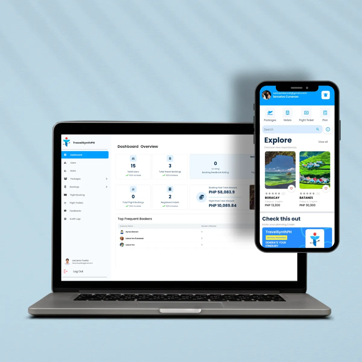 TravelSynthPH on a laptop and a phone. The laptop shows the admin dashboard with user, booking, and payment totals; the phone shows the traveler app's Explore screen with Boracay and Batanes packages.