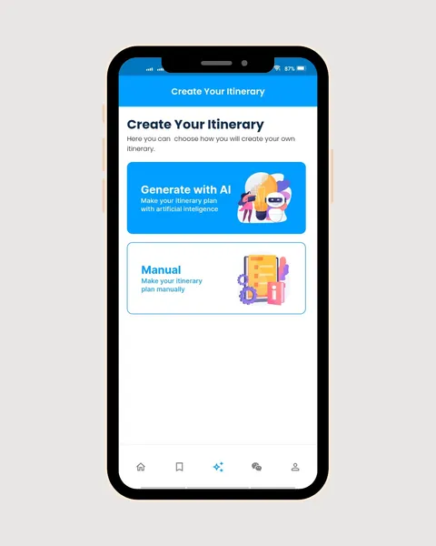 Create Your Itinerary screen offering two options, Generate with AI or Manual.