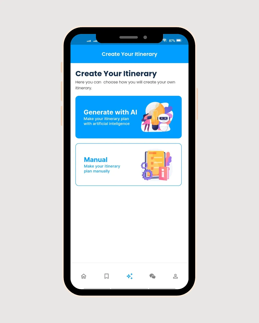 Create Your Itinerary screen offering two options, Generate with AI or Manual.