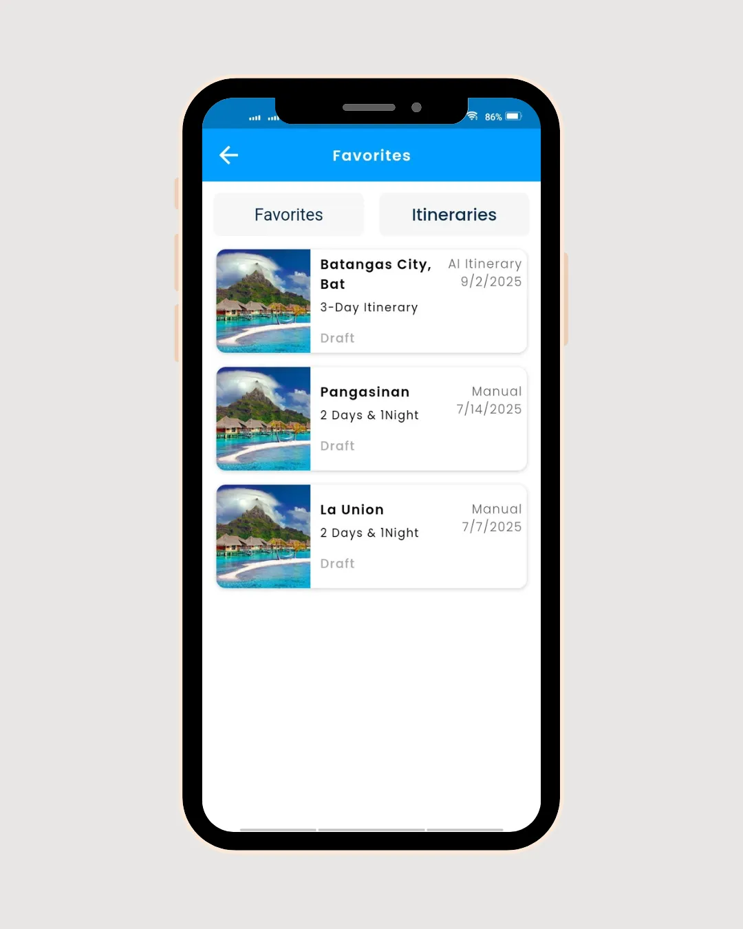 Favorites screen listing saved AI and manual itinerary drafts for Batangas City, Pangasinan, and La Union.