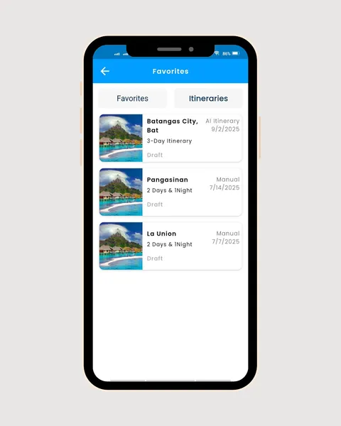 Favorites screen listing saved AI and manual itinerary drafts for Batangas City, Pangasinan, and La Union.