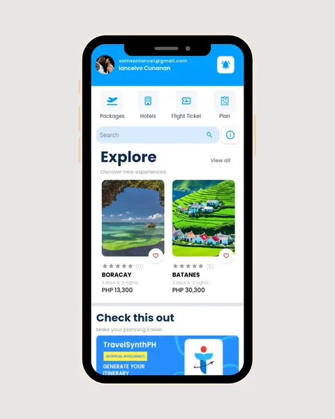 TravelSynthPH home screen with shortcuts for packages, hotels, flight tickets, and trip plans, and an Explore section showing Boracay and Batanes packages.