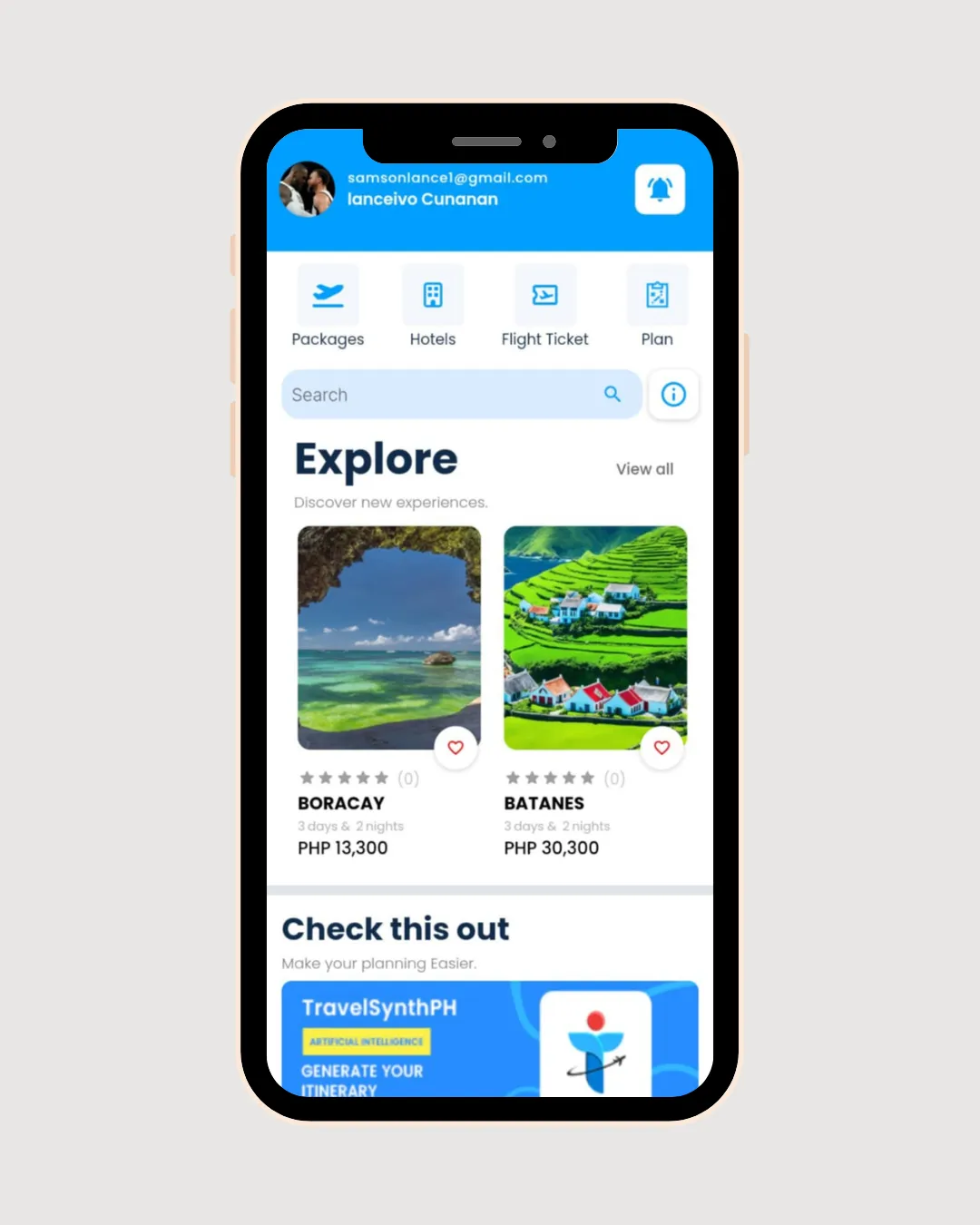 TravelSynthPH home screen with shortcuts for packages, hotels, flight tickets, and trip plans, and an Explore section showing Boracay and Batanes packages.