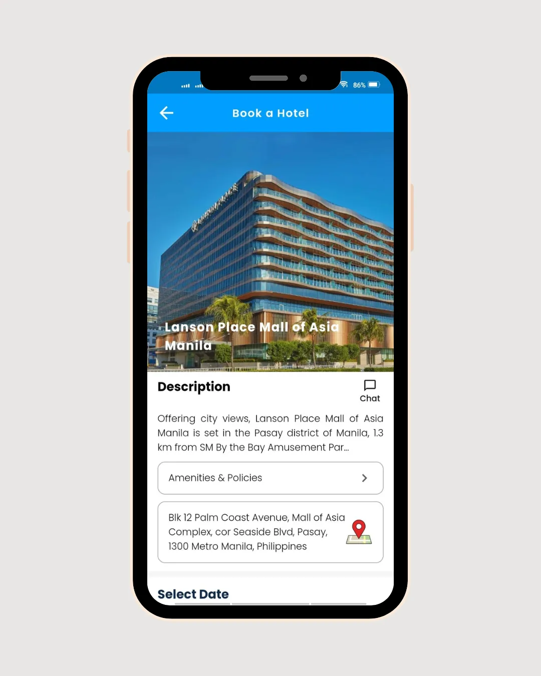 Book a Hotel screen for Lanson Place Mall of Asia Manila with a description, amenities and policies, the address, and a chat button.