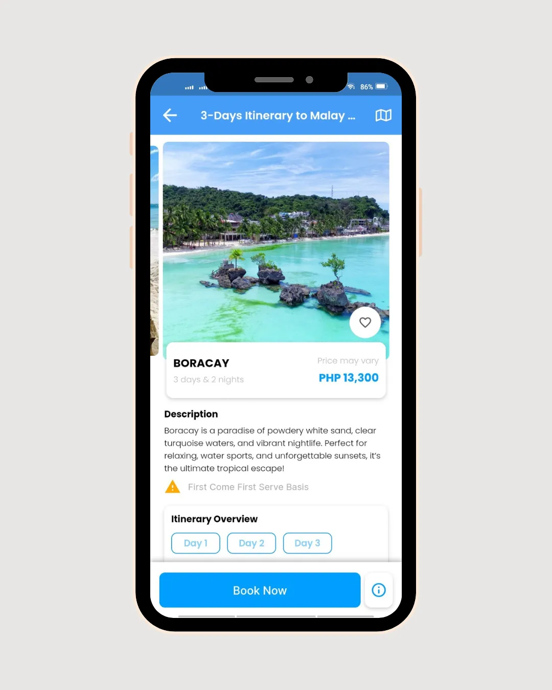 Boracay package detail screen with a 3-day itinerary, price, description, day-by-day overview, and a Book Now button.