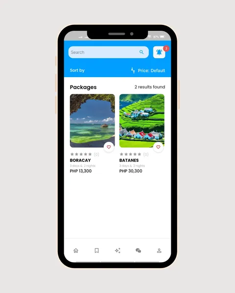 Packages screen with search, price sorting, and Boracay and Batanes travel packages with ratings and prices.