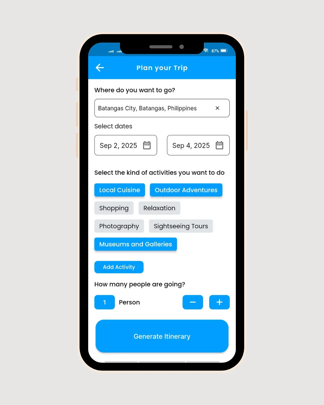 Plan your Trip form with a destination, travel dates, activity preferences, number of travelers, and a Generate Itinerary button.