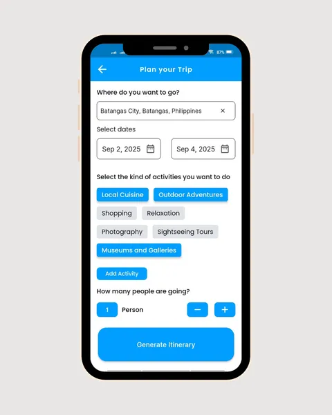 Plan your Trip form with a destination, travel dates, activity preferences, number of travelers, and a Generate Itinerary button.