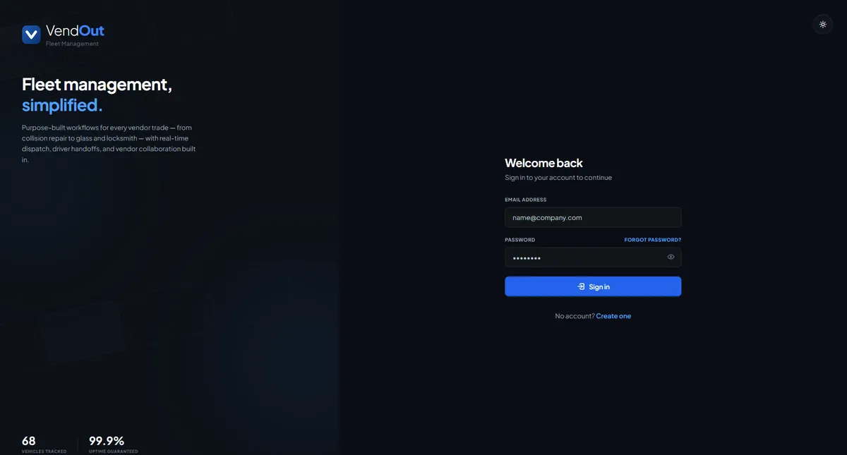 VendOut web app sign-in screen: a dark split layout with the headline "Fleet management, simplified." on the left and the email and password sign-in form on the right.