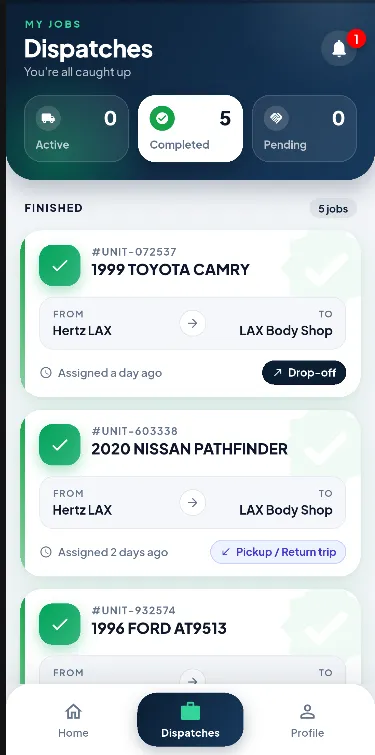 VendOut Driver dispatches screen listing completed vehicle jobs, each with a unit number, vehicle, pickup and drop-off locations, and job type.