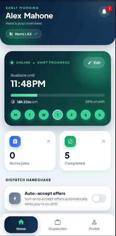VendOut Driver home screen showing the driver's shift progress, available-until time, weekly schedule, active and completed job counts, and an auto-accept offers toggle.