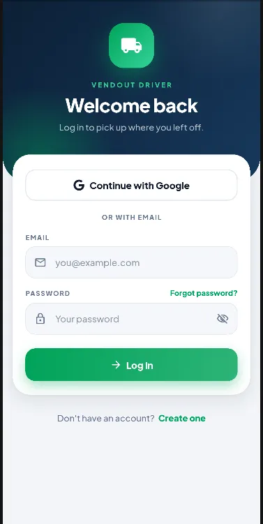 VendOut Driver mobile app login screen with "Continue with Google" and an email and password form.
